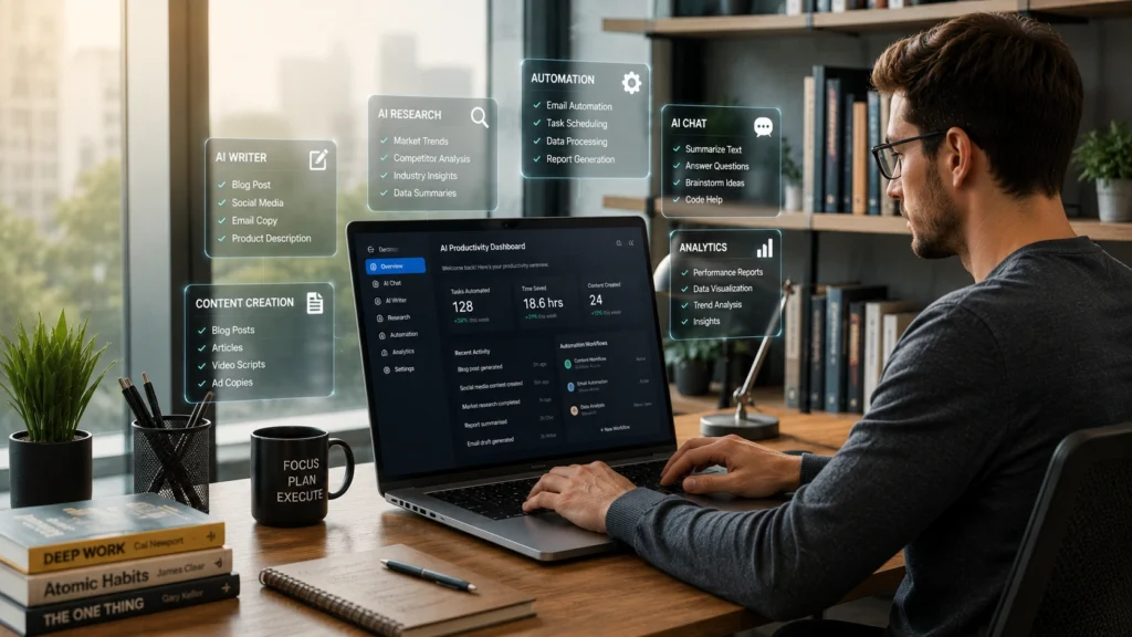 Professional using AI tools for content creation, automation, research, analytics, and productivity on a laptop in a modern workspace.