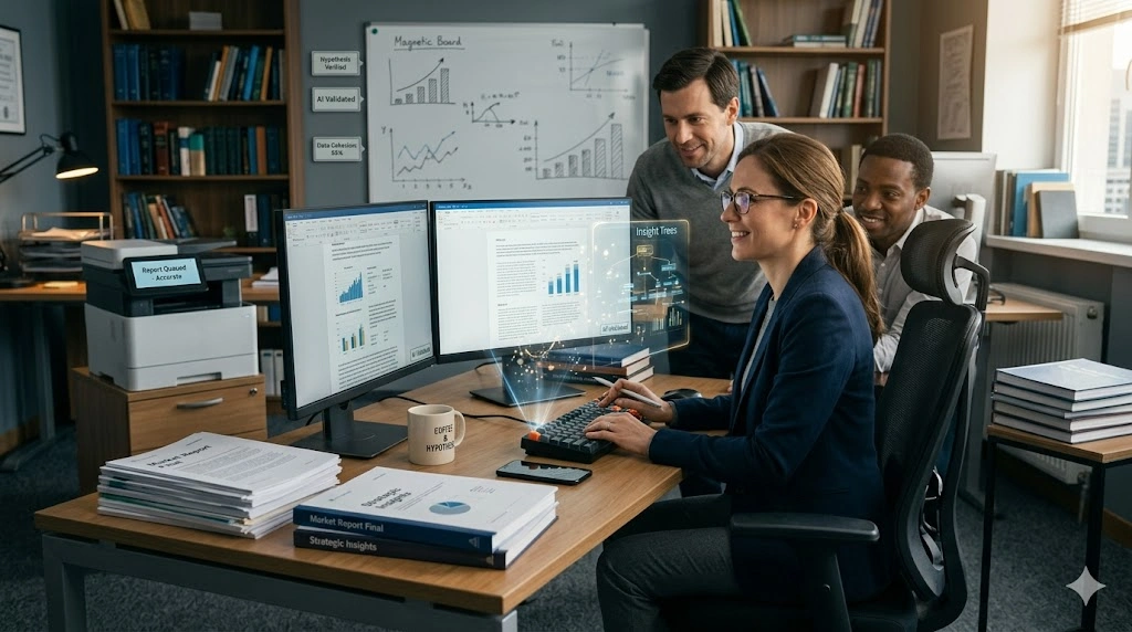 Team of professionals using AI research agents to analyze data, generate insights, and collaborate on research projects.