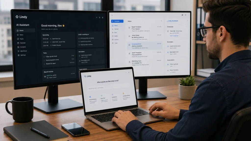 Professional using Lindy AI assistant to automate emails, schedule meetings, manage tasks, and streamline daily workflows across multiple screens in a modern office workspace.