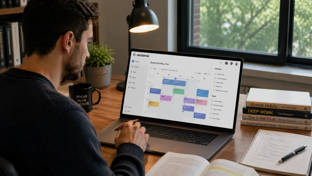 Professional using Reclaim AI on a laptop to manage calendar schedules, protect focus time, organize tasks, and improve work-life balance in a productivity-focused workspace.