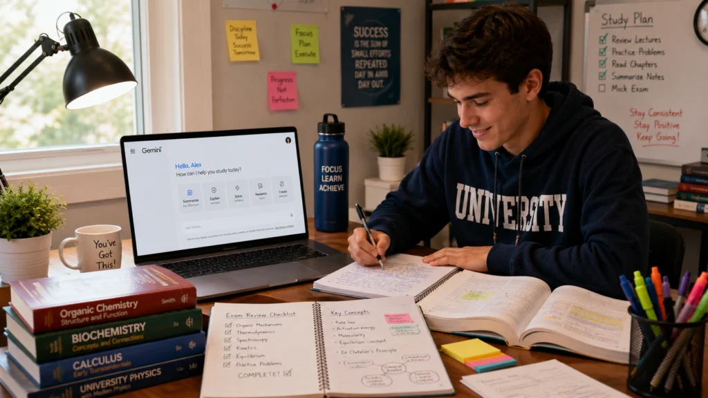 University student using Google Gemini alongside textbooks, handwritten notes, and study materials while preparing for exams in an organized learning environment.