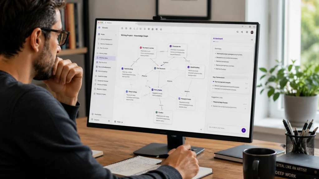 Writer using Reflect Notes to connect ideas, organize research, build a personal knowledge graph, and manage information with AI-powered note-taking tools.