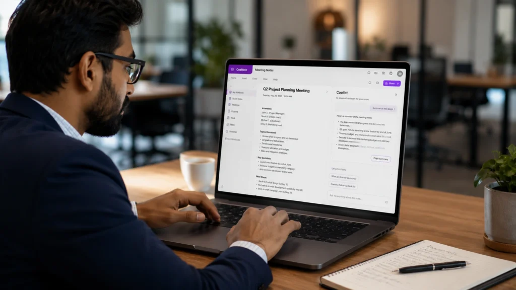 Professional using Microsoft OneNote Copilot on a laptop to summarize meeting notes, organize information, manage projects, and improve productivity with AI assistance.