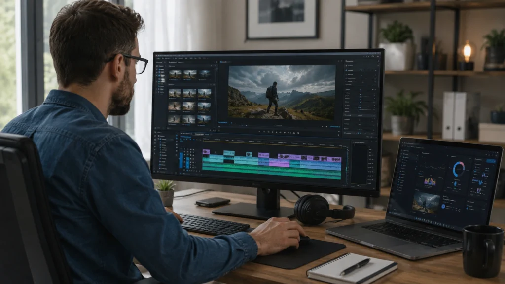 Professional using AI video production tools to edit videos, create content, add subtitles, generate voiceovers, and manage video projects in a modern workspace.