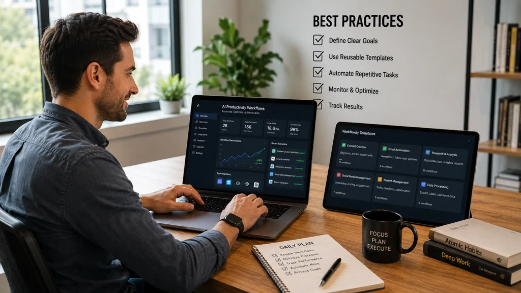 Professional optimizing AI productivity workflows while following automation best practices, workflow management strategies, and performance monitoring processes in a modern office environment.