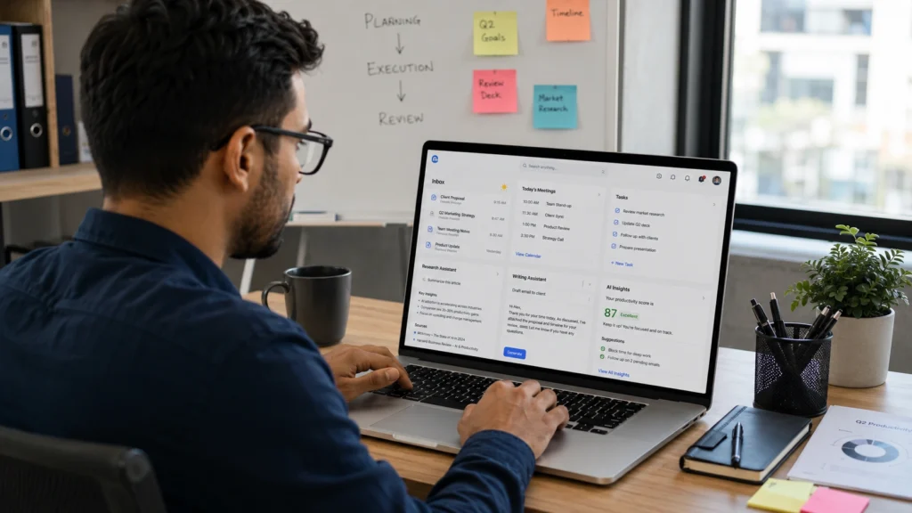 Professional using an AI personal assistant dashboard on a laptop to manage tasks, meetings, emails, schedules, and productivity workflows in a modern office workspace.