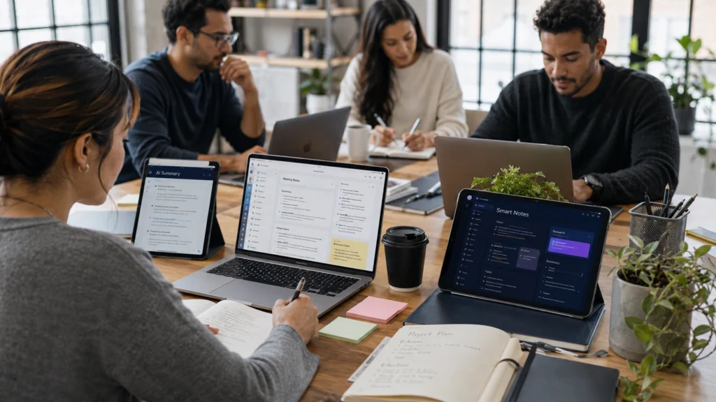 Students and professionals using AI note-taking software to organize information, summarize content, collaborate on projects, and manage knowledge across multiple devices.
