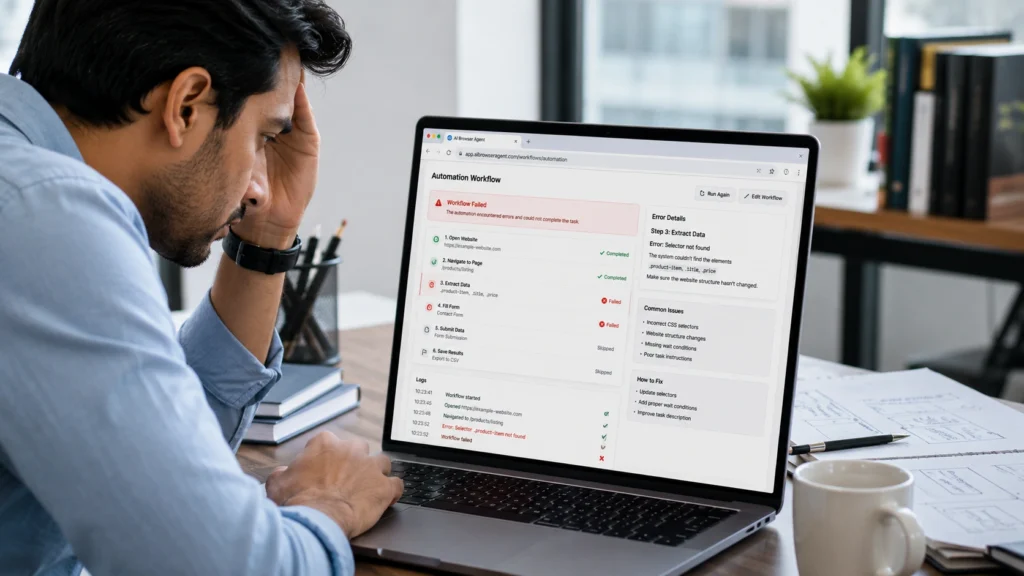 Professional troubleshooting a failed AI browser agent workflow caused by automation errors and incorrect task settings.