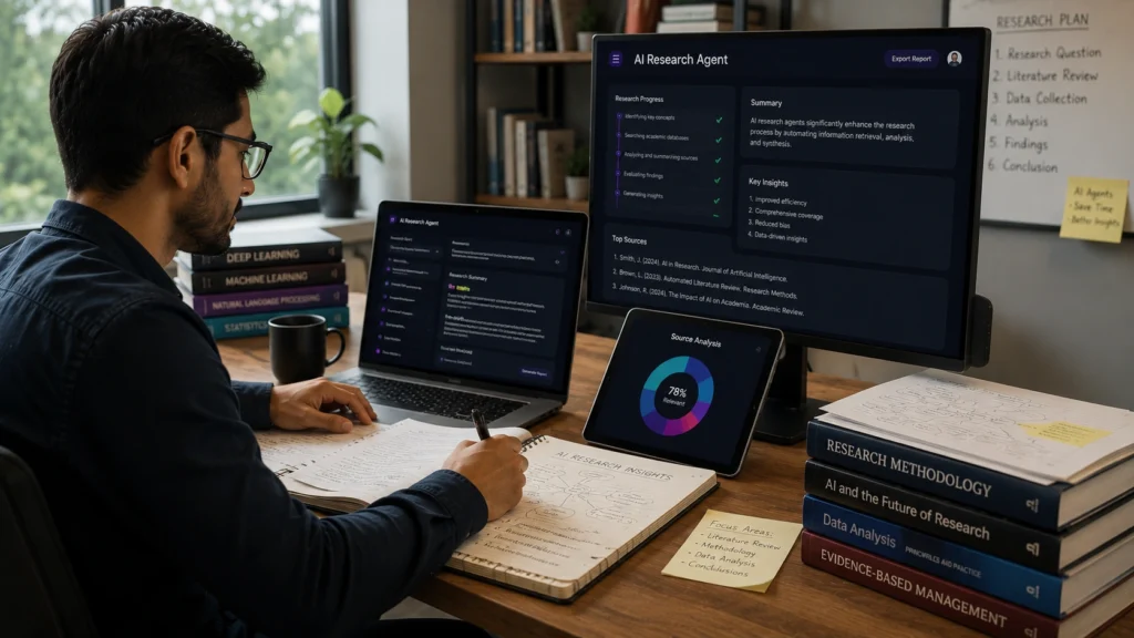 Professional using an AI research agent dashboard to collect information, analyze sources, summarize findings, compare data, and generate research reports across multiple screens.