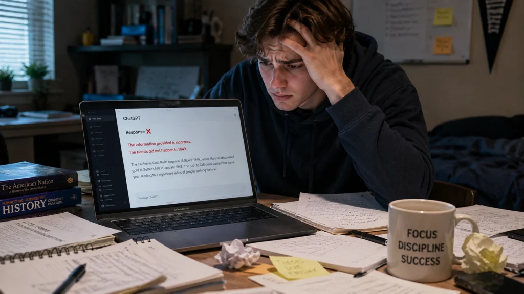 Frustrated student looking at an incorrect ChatGPT response on a laptop screen, highlighting common mistakes students make when using AI tools without verification.