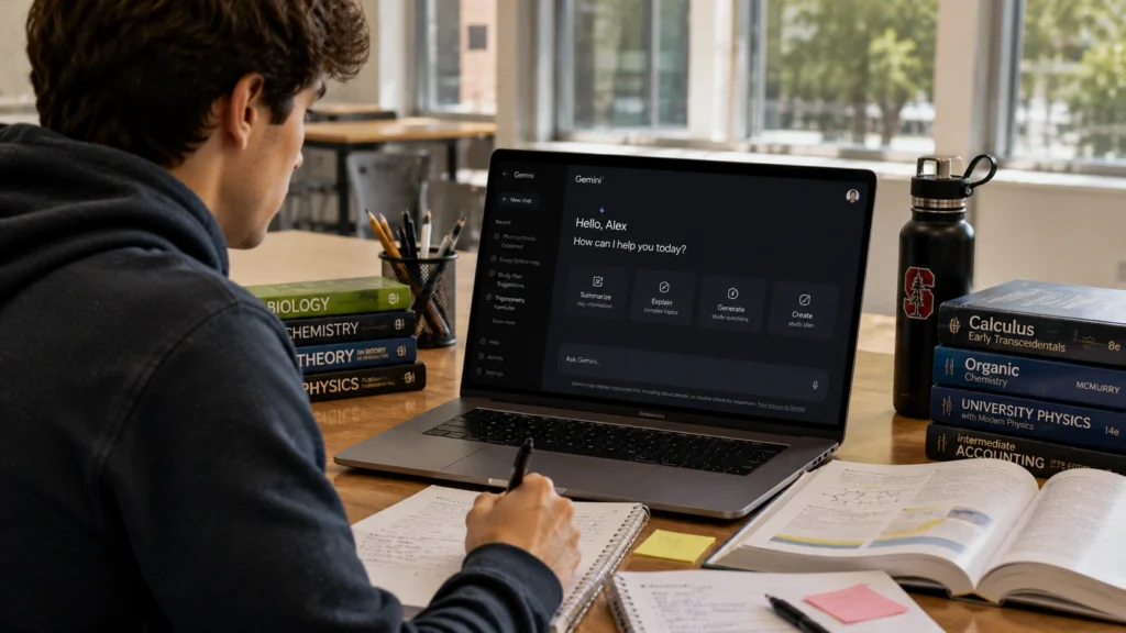 Student using Google Gemini on a laptop while studying with textbooks, notes, and academic materials, showcasing Gemini as an AI-powered learning and research assistant.