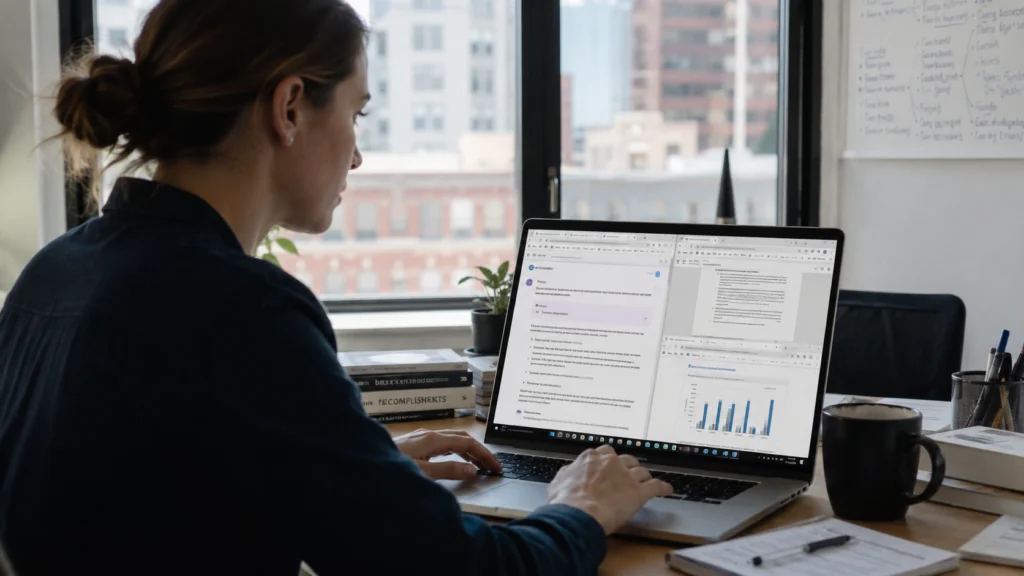 Professional using AI workflow automation tools on a laptop to automate data collection, email management, reporting, and business processes in a modern office.