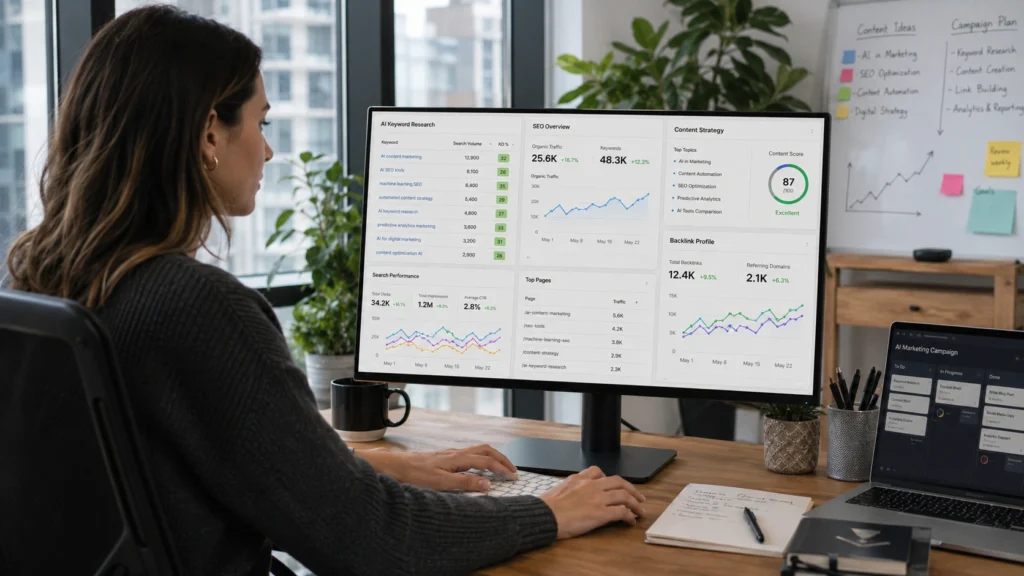 Marketing professional using AI-powered SEO and digital marketing tools to perform keyword research, content optimization, audience analysis, and campaign performance tracking.