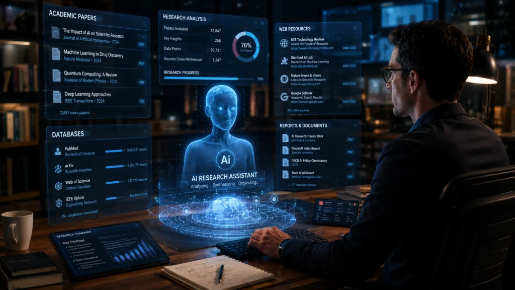 Professional researcher using an AI research agent that gathers information from academic papers, databases, web resources, and reports to analyze, organize, and summarize complex research data.