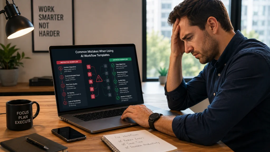 Professional reviewing common mistakes in AI workflow automation while analyzing workflow dashboards, quality control processes, and productivity systems in a modern office workspace.