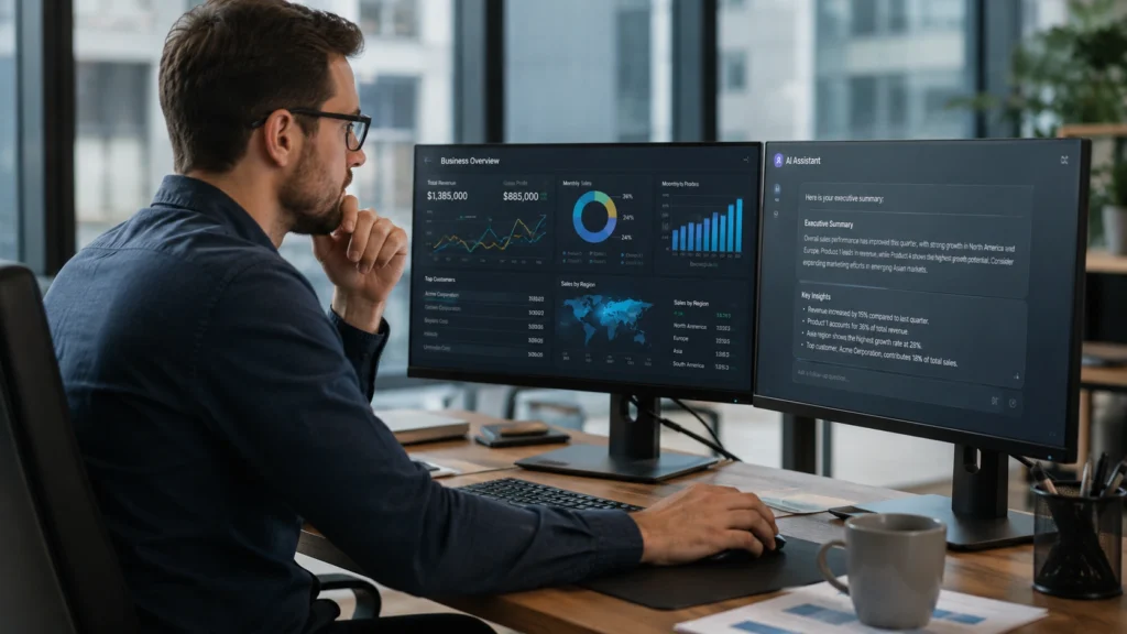 Professional using AI data analysis tools to examine business metrics, identify trends, visualize data, and generate insights through interactive dashboards.
