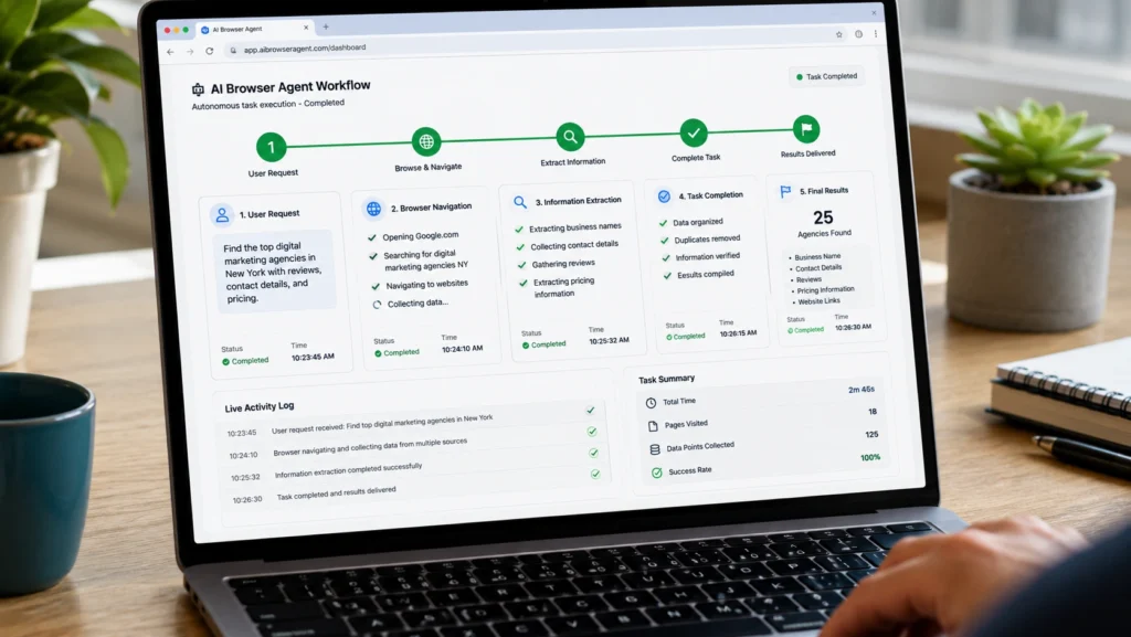 AI browser agent workflow showing automated web research, information extraction, task completion, and result delivery.