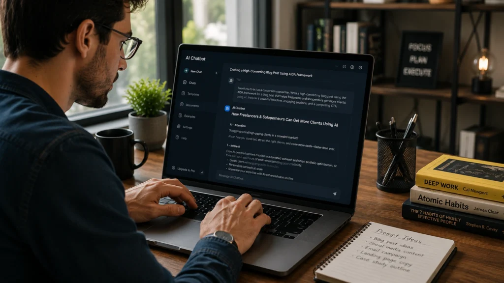 Professional practicing AI prompt engineering by creating detailed prompts on a chatbot interface to generate better content, ideas, and productivity outcomes.