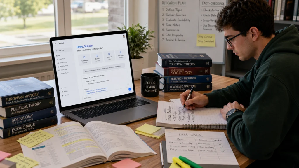 Student using Google Gemini to research, take notes, verify information, and study effectively while following best practices for responsible AI-assisted learning.