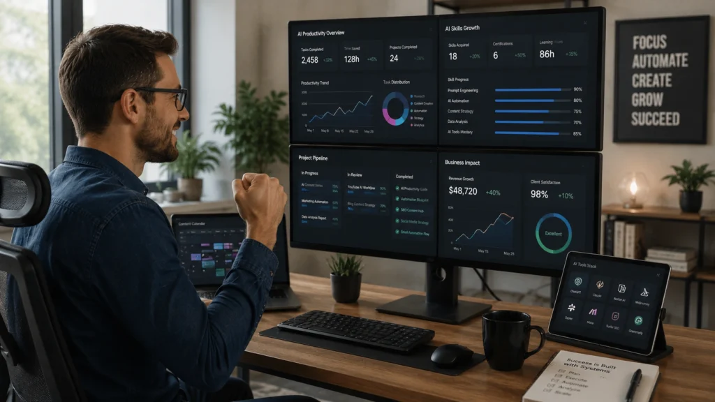 Professional celebrating AI skill development while monitoring productivity, business growth, automation performance, and career progress through AI-powered dashboards.